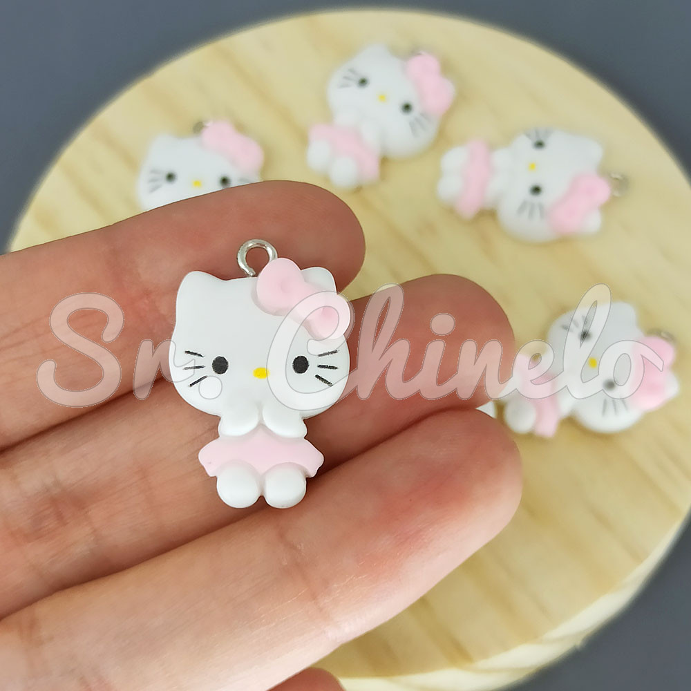 Pingente, Resina, Hello Kitty, Branco/Rosa Claro