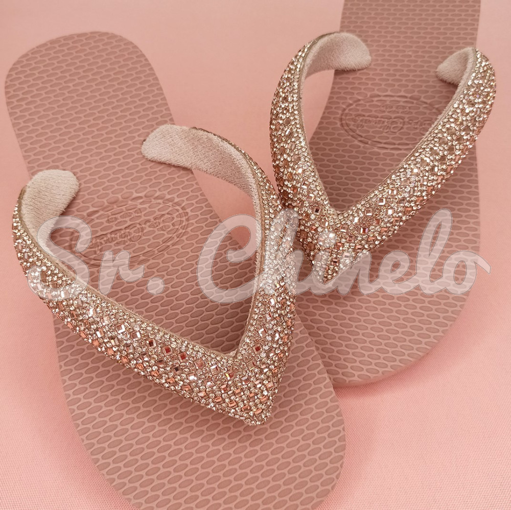 Cabedal Paola, Tecido com Strass, Formato em V, Pronto para Aplicação em Solas, Rosê/Rose Gold