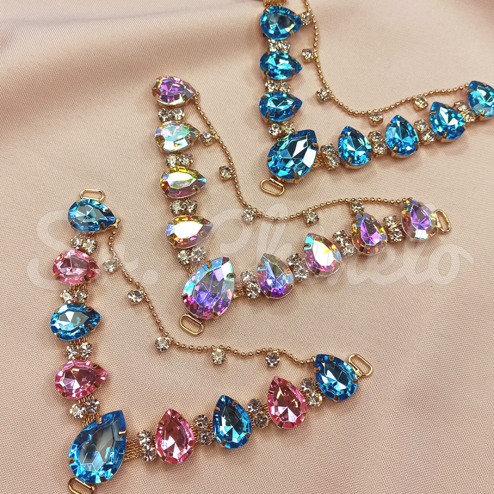 Cabedal Carol, Passante, Correntinha, Azul Tiffany/Rosa Claro/Cristal