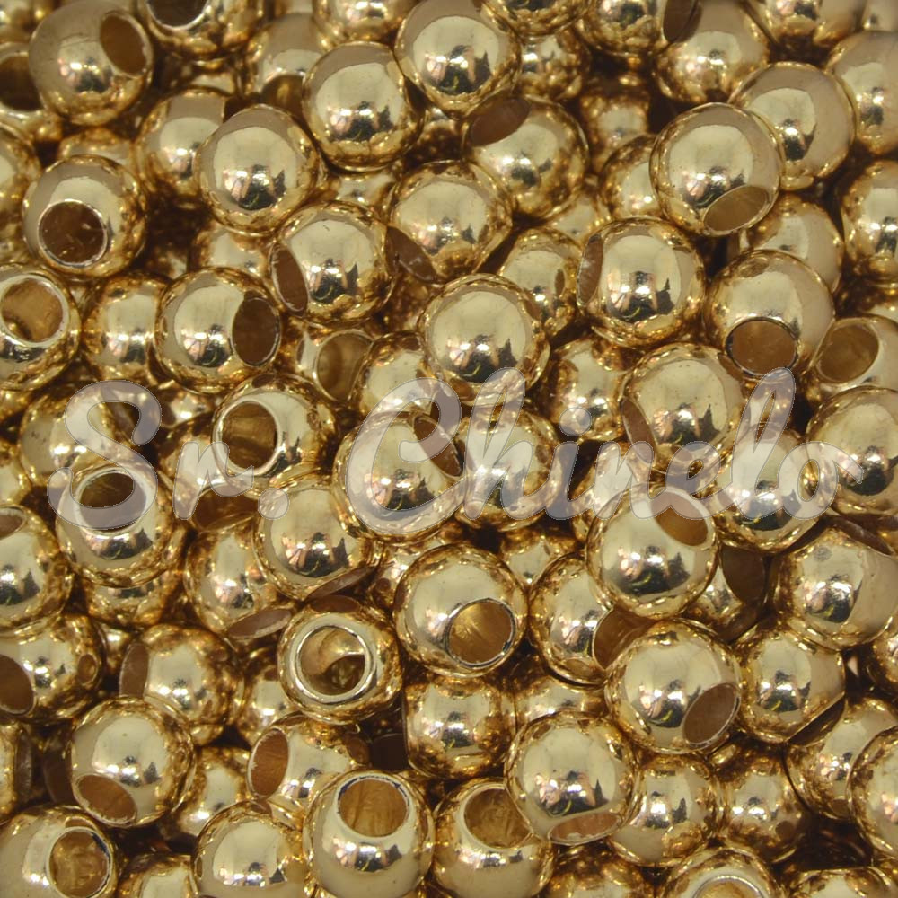 Pérola ABS, 08mm, com Furo de 3.5mm, Dourado Metalizado