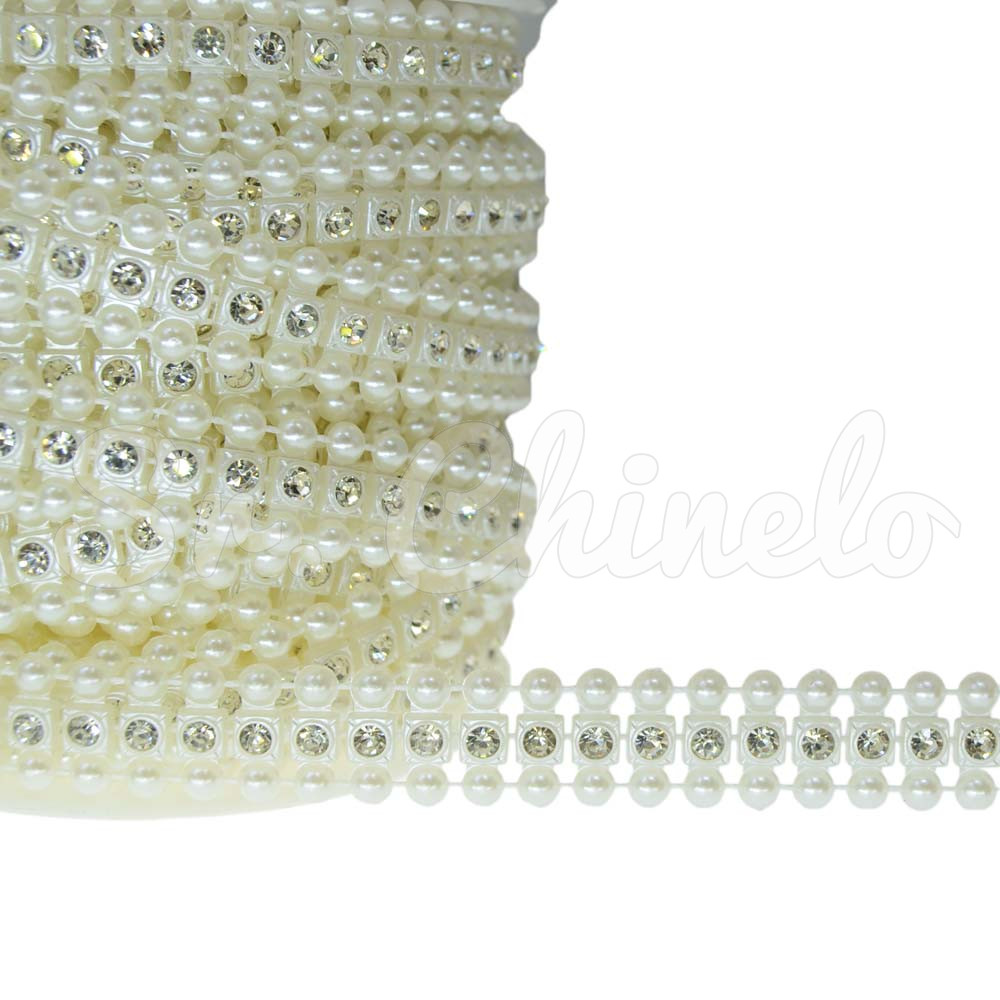 Aljofre de Pérola, Fileiras Pérola e Strass 14mm, Creme