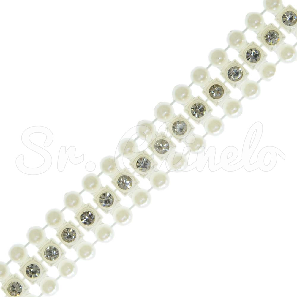 Aljofre de Pérola, Fileiras Pérola e Strass 14mm, Creme