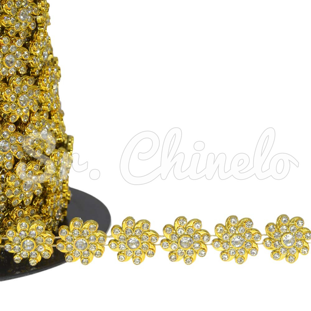 Aljofre de ABS Metalizado, Florzinha 17mm, Dourado/Cristal