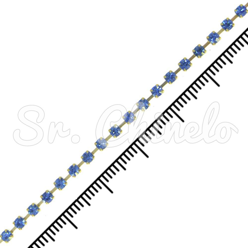 Fio de Strass, SS12, Ouro, Strass Azul Cobalt