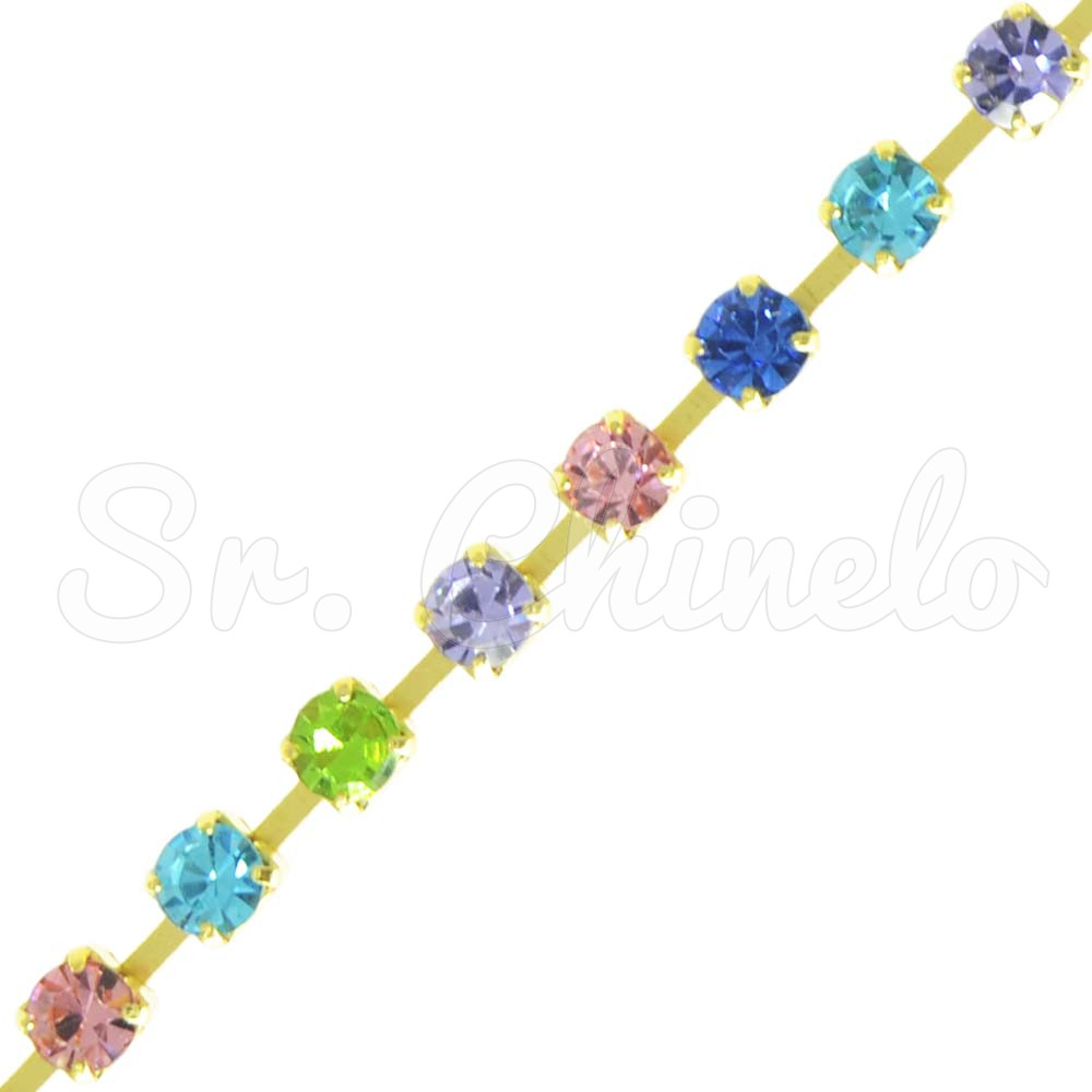 Fio de Strass, SS12, Ouro, Strass Colorido Claro