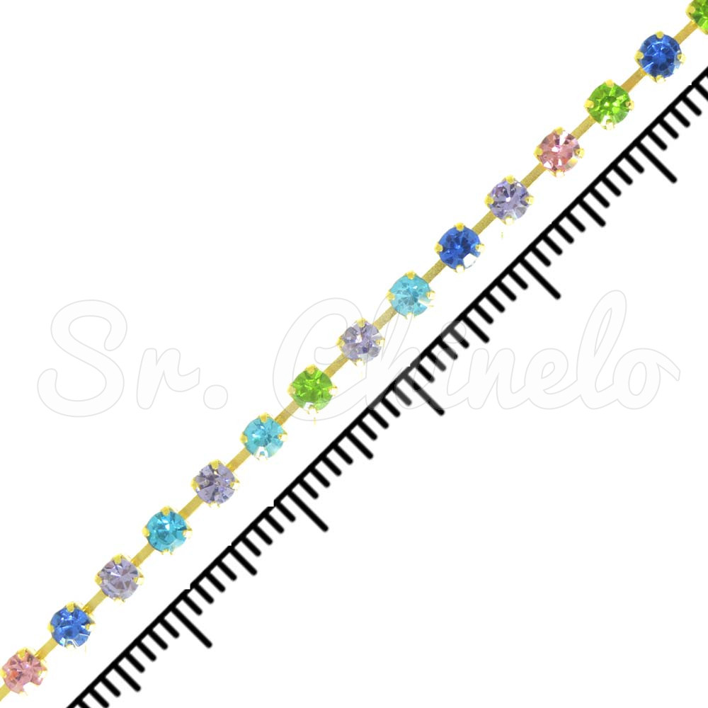Fio de Strass, SS16, Ouro, Strass Colorido Claro