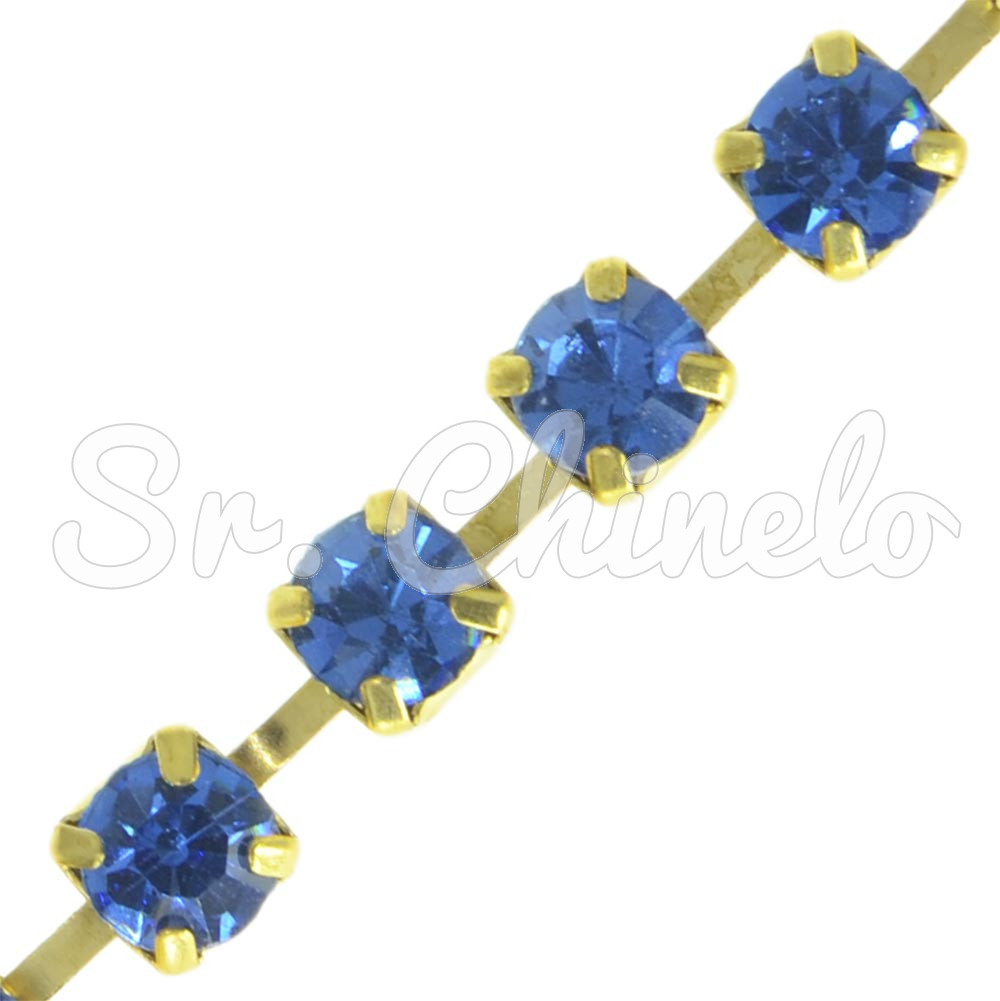 Fio de Strass, SS28, Ouro, Strass Azul Cobalt