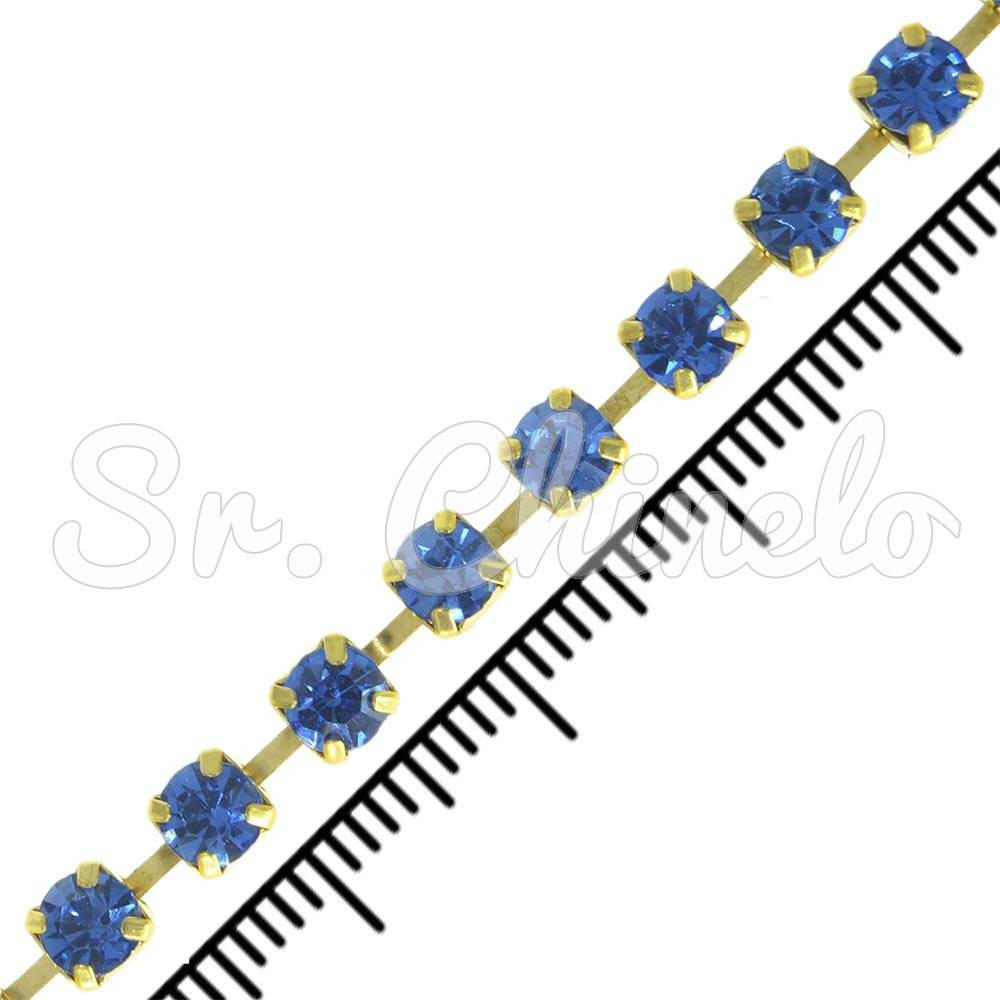 Fio de Strass, SS28, Ouro, Strass Azul Cobalt