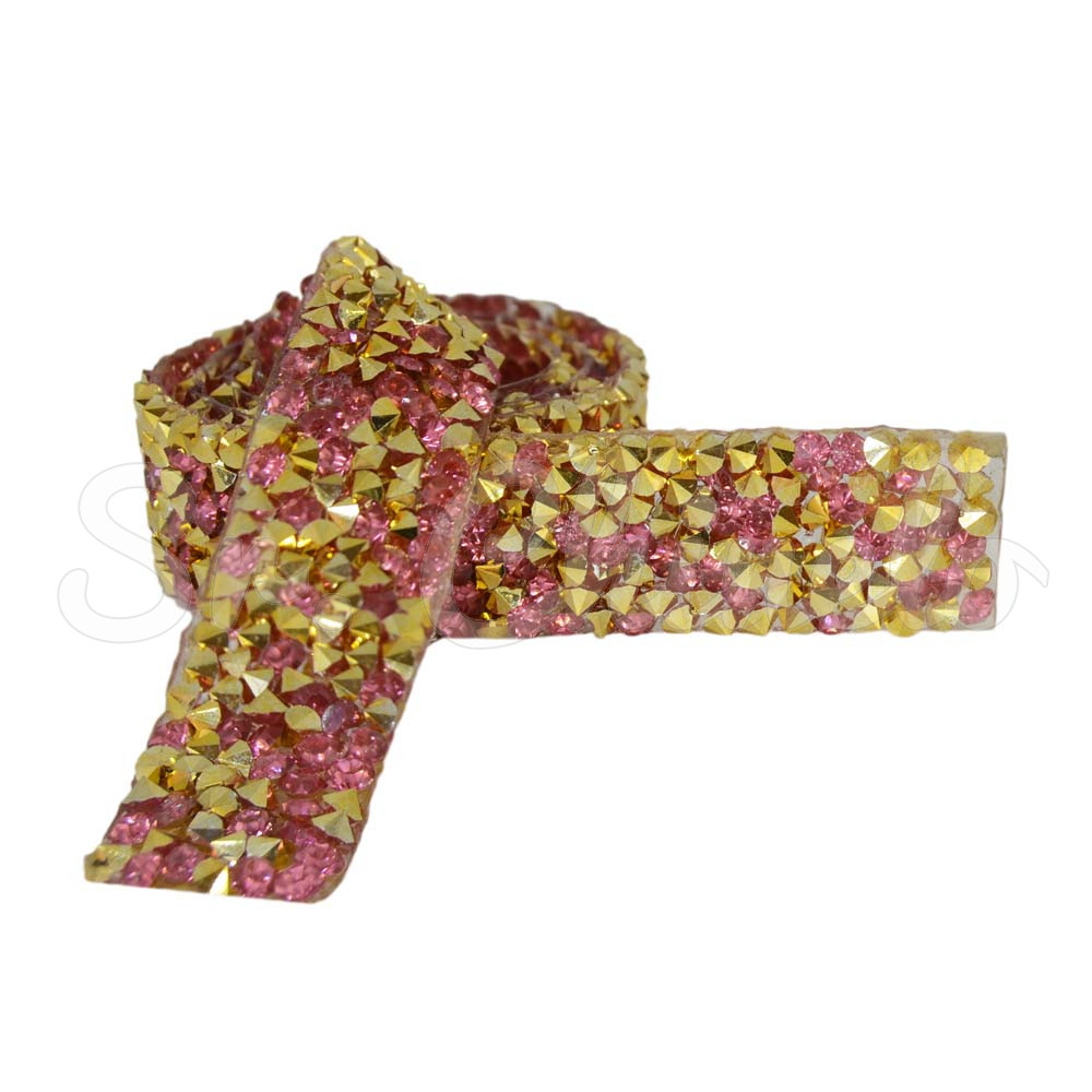 Tira de Strass, 15mm, Rosa/Dourado