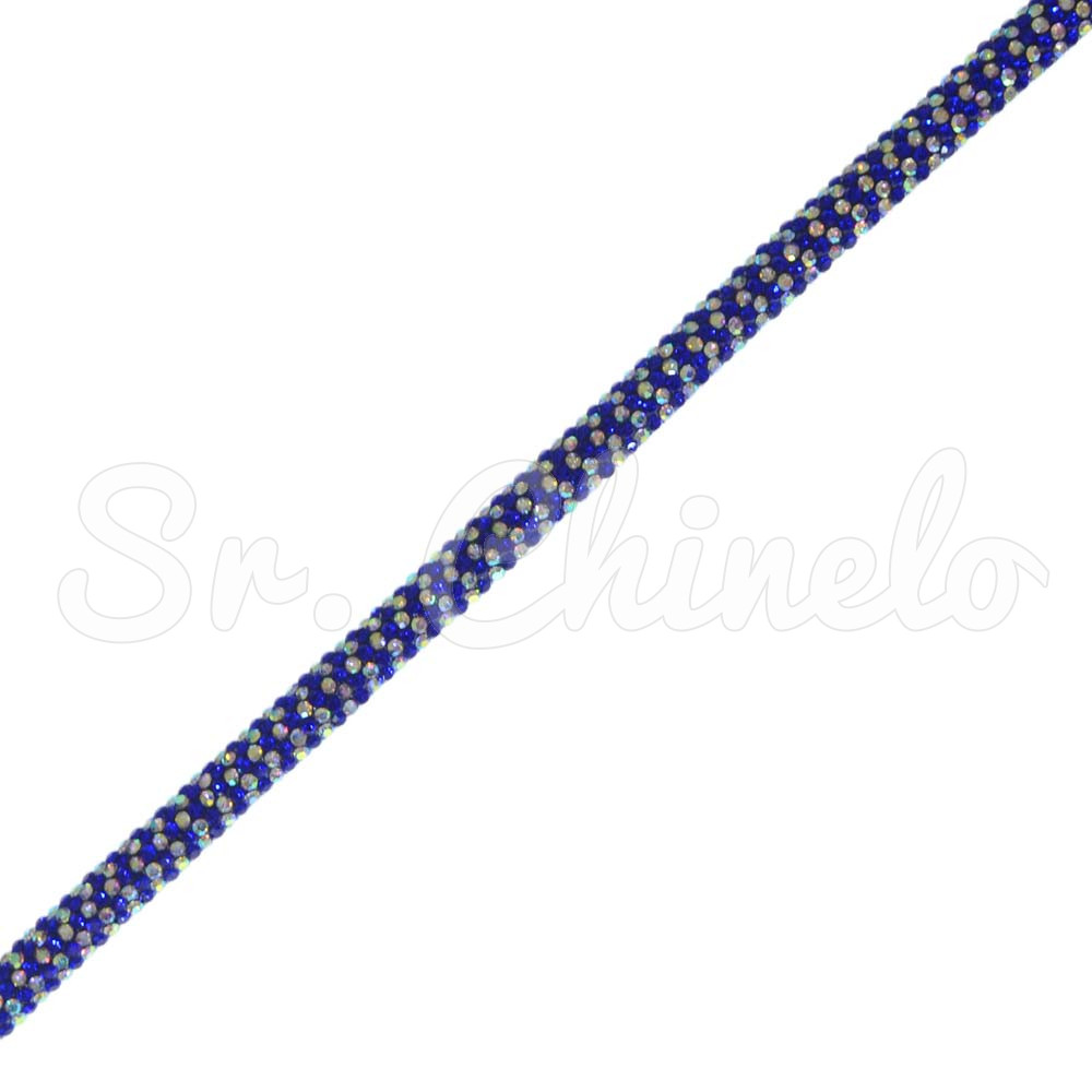 Tubo de Strass Meia Cana, 06mm, Azul/Cristal