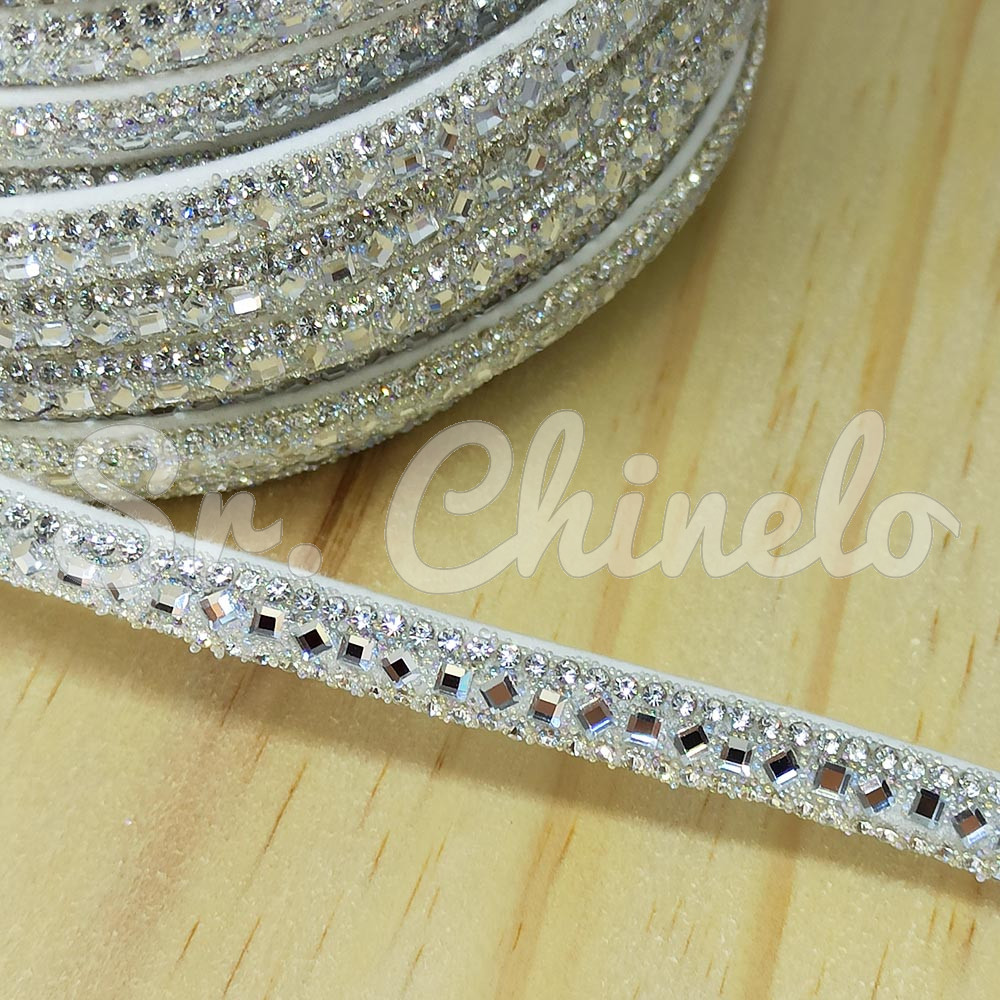 Tubo de Strass Meia Cana, 06mm, Quadradinhos e Losangos, Branco/Cristal