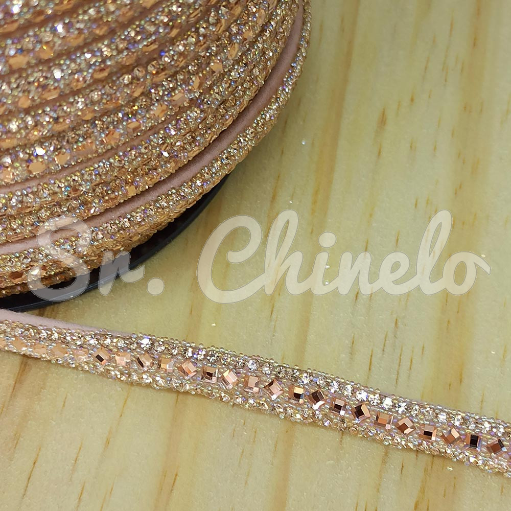 Tubo de Strass Meia Cana, 06mm, Quadradinhos e Losangos, Bege/Rose Gold