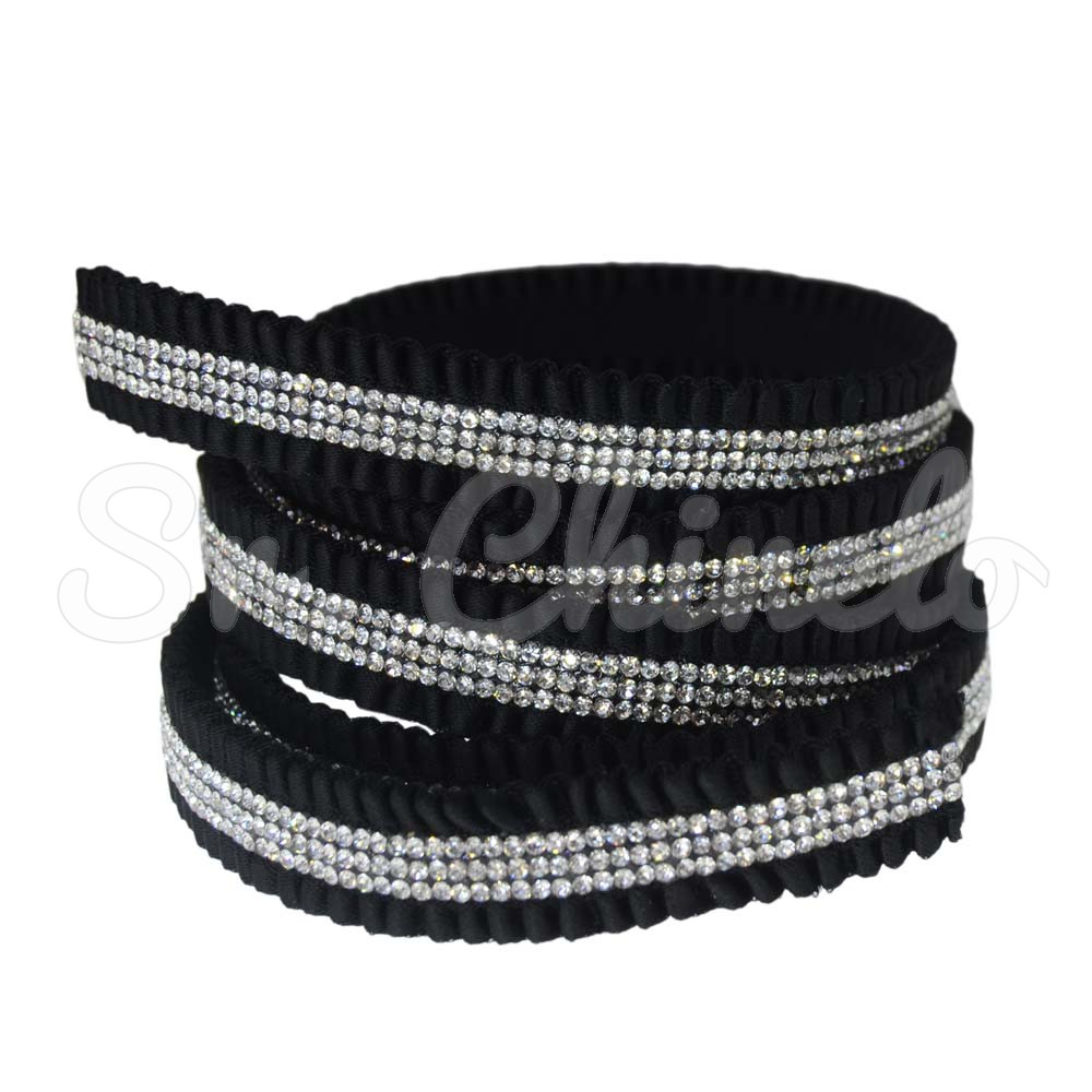 Tira de Tecido Elástica com Strass, 15mm, Preto