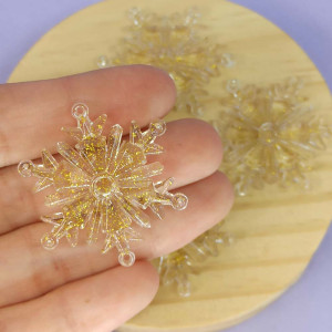 Aplique de Acrílico, Floco de Neve, 4cm, Bege Glitter Dourado Transparente