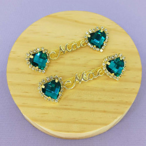 Cabedal Mãe, Coração com Strass, Banhado, Rebite, Verde Turquesa