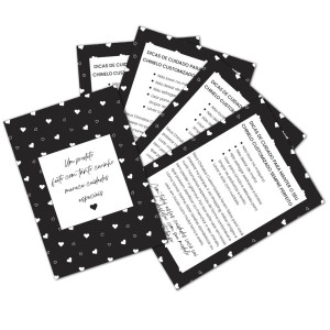 Panfleto de Cuidados Especiais, 7,5cm x 10,5cm, Corações, Preto/Branco
