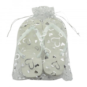 Saquinho de Voal, 20cm x 30cm, Estampa Coração, Branco/Prateado