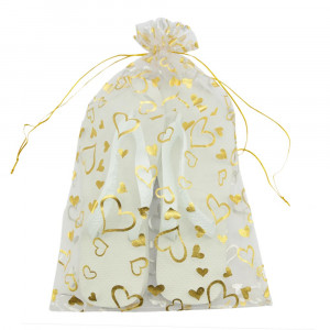 Saquinho de Voal, 20cm x 30cm, Estampa Coração, Branco/Dourado