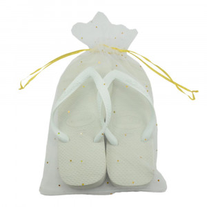 Saquinho de Voal, 20cm x 30cm, Detalhes Bolinhas, Branco/Dourado