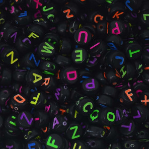 Miçanga Plástica, Letras Aleatórias, Redondo 07mm, Preto/Colorido Neon