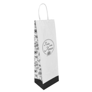 Sacola, 12cm x 36cm, Feito com Amor, Flores e Insetos, Branco