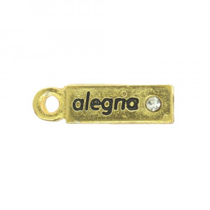 Pingente, Plaquinha Alegria, Ouro/Cristal