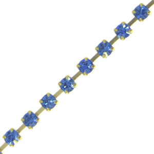 Fio de Strass, SS12, Ouro, Strass Azul Cobalt