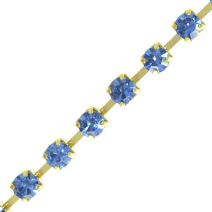 Fio de Strass, SS16, Ouro, Strass Azul Cobalt